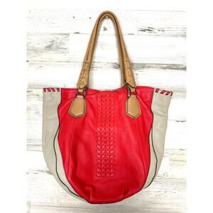 OrYANY Lyssie Large Coral Tan Pebbled Leather Tote Bag Luxe Colorblock shoulder
